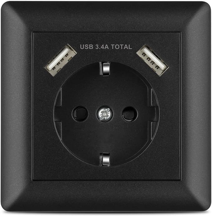 Inbouw Stopcontact Zwart met 2 USB Aansluitingen | Schuko Wandcontactdoos incl. Frame