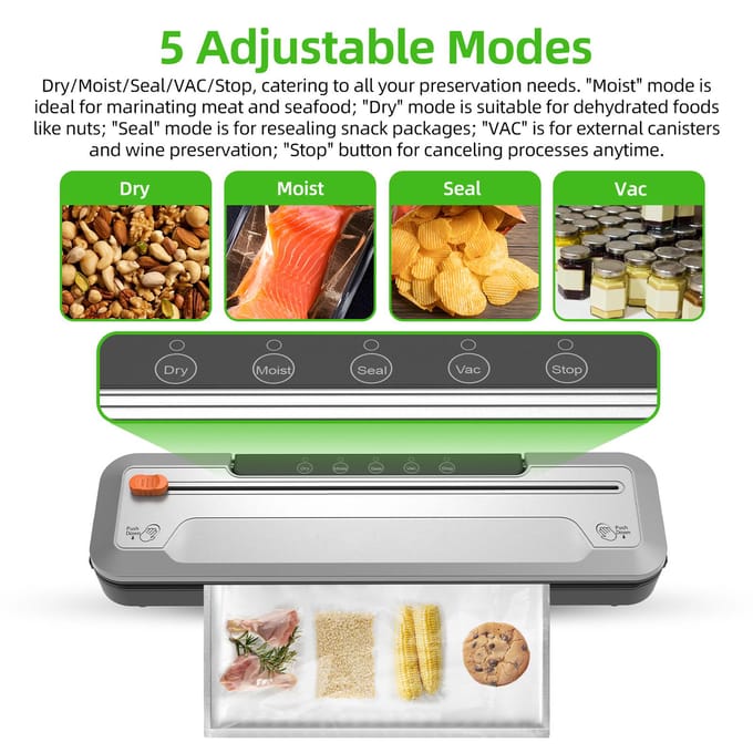 Vacuümsealer Machine 55KPa Zuigkracht Automatische vacuümluchtvoedselverzegelaar met externe snijder EU Plug zilver