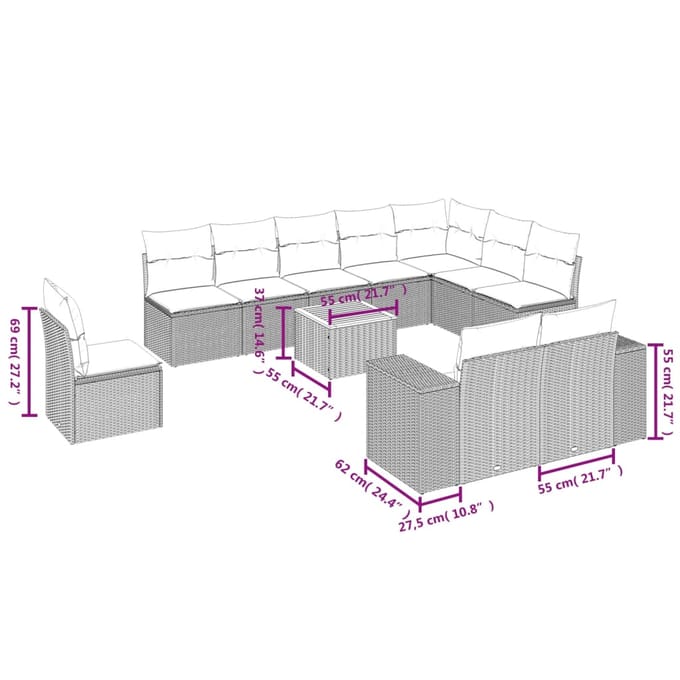 vidaXL - 11-delige - Loungeset - met - kussens - poly - rattan - grijs