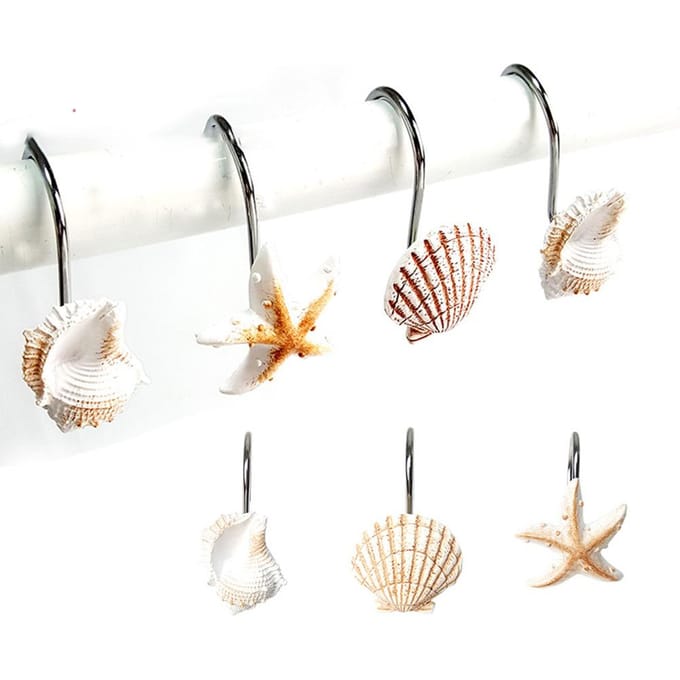 12 STKS Decoratieve Douchegordijnhaken Zeester Kauri Schelp Hars Haak voor Badkamer en Douche white