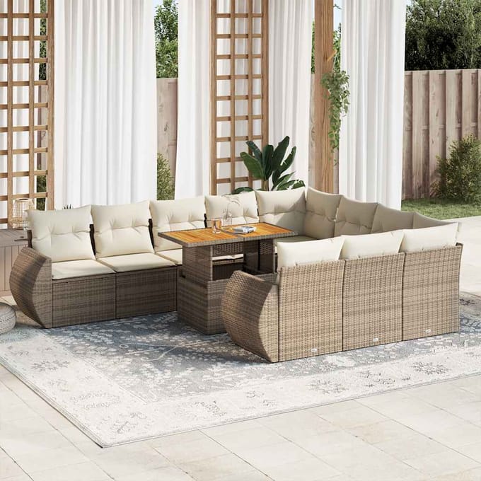 vidaXL - 11-delige - Tuinset - met - kussens - poly - rattan - beige