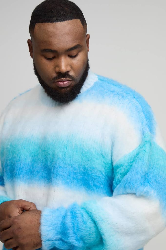 Plus Boxy Oversized Geborstelde Streep Gebreide Trui | Blue | Size 3XL