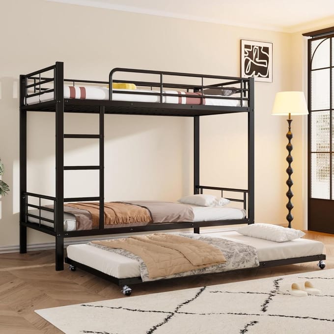 Stapelbed Metaal - Kinderbed - Ruimte Besparen - Met Uitklapbed - 90x200cm - Zwart