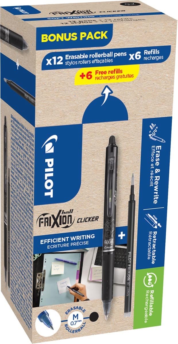 Pilot Frixion Ball Clicker | 12 rollers en 6+6 vullingen 0 | 7 mm | zwart