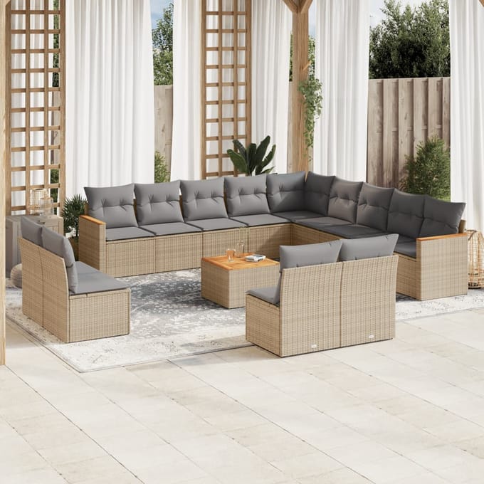 vidaXL - 14-delige - Loungeset - met - kussens - poly - rattan - gemengd - beige