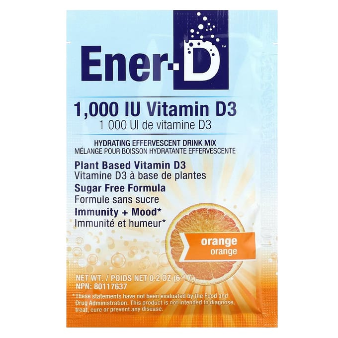 Ener-C, Ener-D, Vitamine D3, Boisson Effervescente Hydratante, Sans Sucre, Orange, 1 000 mg, Pack de 24
