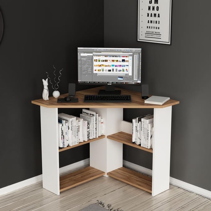 Hoekbureau Met Planken - L-Bureau Computerbureau - Thuiswerk Kantoor - Ruimtebesparend Ontwerp - 72 cm Hoog - Walnoot Wit