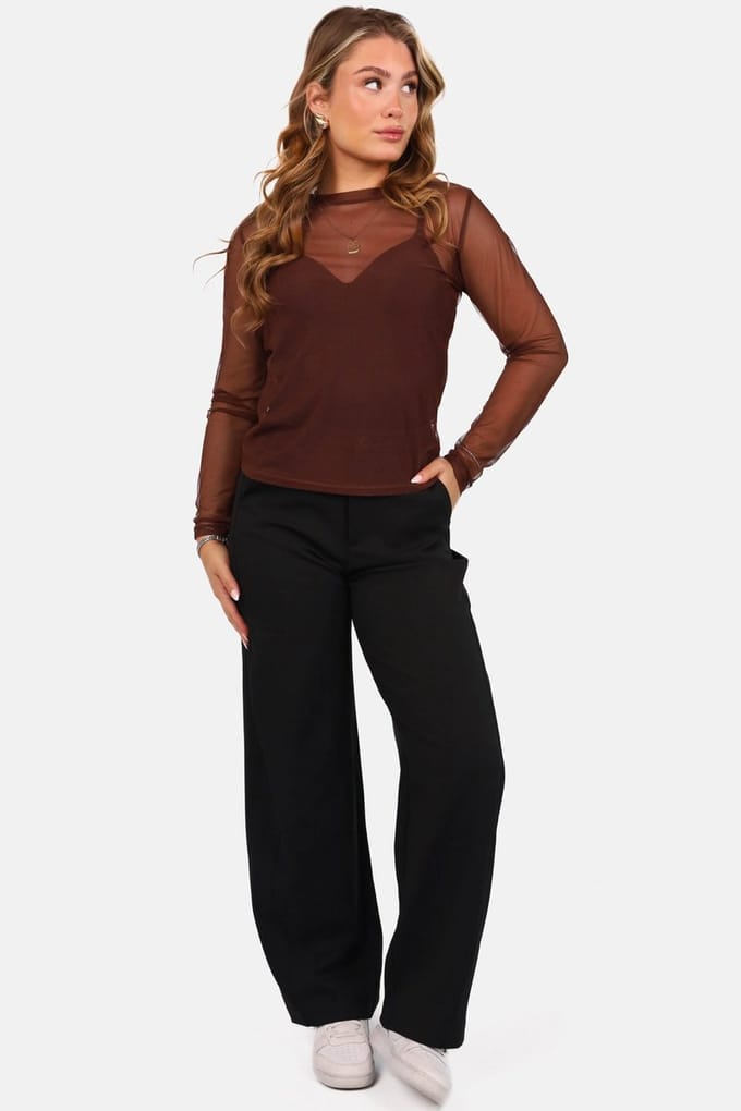 Getdrezzed Top - Maat: S - Mesh top met ronde hals bruin