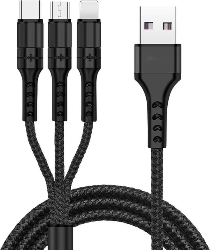 DrPhone MX2 Nylon Gevlochten - 3 in 1 Lightning/Micro USB/USB-C 2A USB Oplaadkabel – Zwart