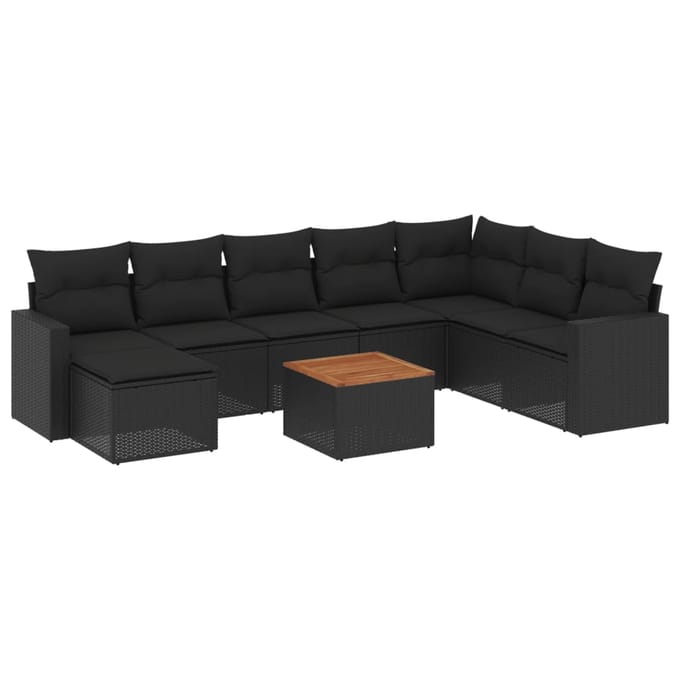 vidaXL - 9-delige - Loungeset - met - kussens - poly - rattan - zwart