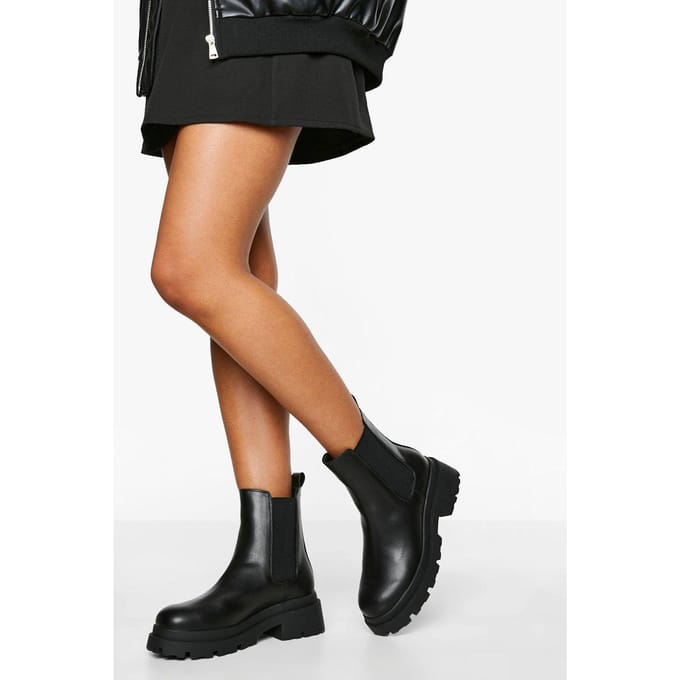 boohoo Dames Chunky Chelsea laarzen met dubbele zool | Black | Maat: 8