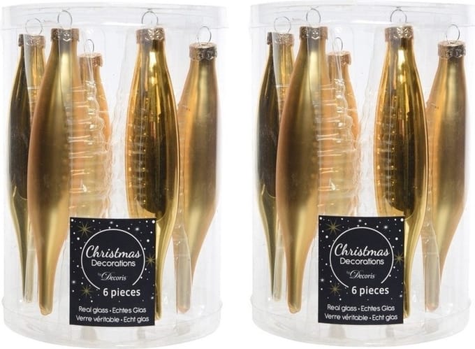 Decoris kerstbal pegels - 12x - goud - D15 cm - glas - kersthangers - ijspegels - kerstversiering