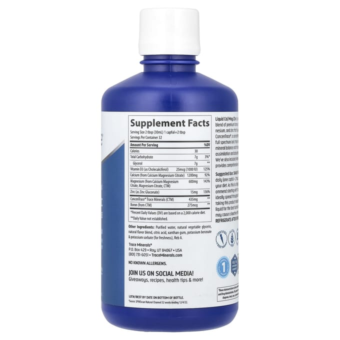 Trace, Calcium/Magnésium/Zinc liquide + Vitamine D3, Saveur Fraise, 940 ml (946ml)