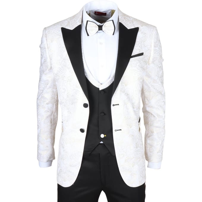 Heren 4-delige Witte Paisley Trouwrroch Tailor Fit