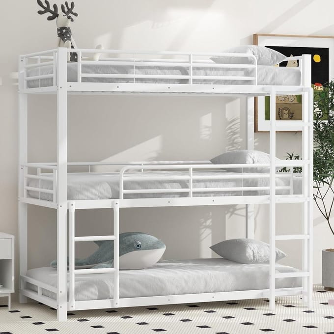 Drievoudig Stapelbed - IJzeren Bedframe - Ruimte Besparen - EN747 Gecertificeerd - 90x200cm - Wit