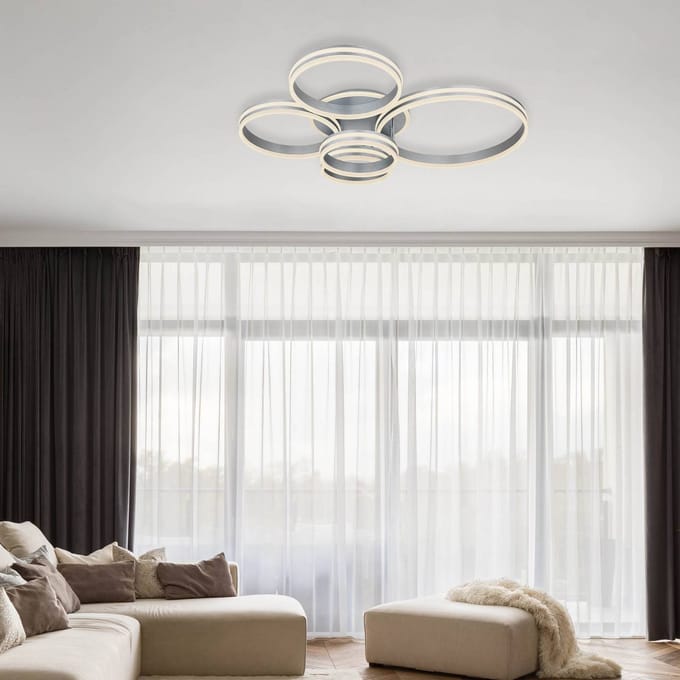 Globo Rubio LED plafondlamp, lengte 114 cm, grijs, CCT, 5-lamps