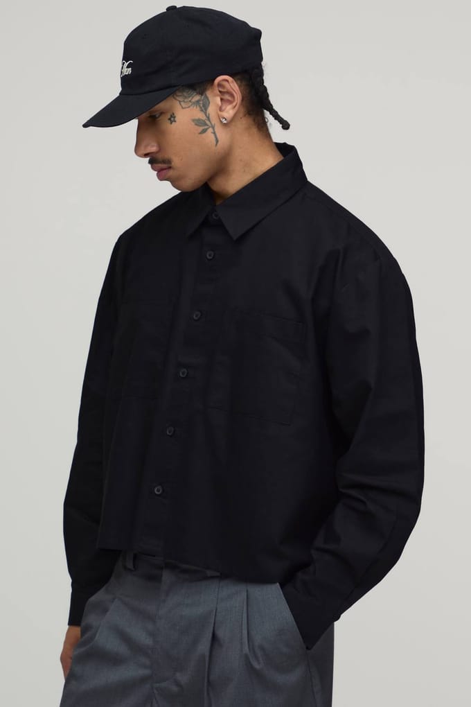 Boxy Fit Cropped Lange Mouw Oxford Shirt | Black | Size Medium