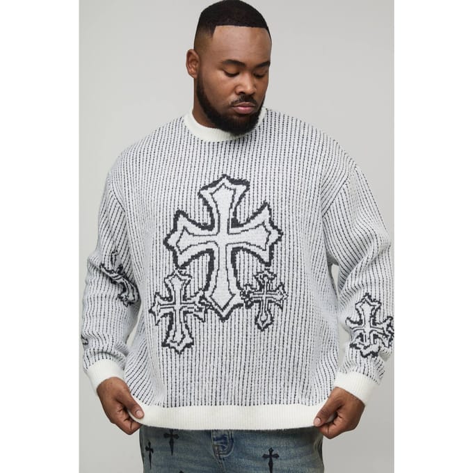Plus oversized boxy pluizige cross jacquard gebreide trui | Ecru | Size 2XL