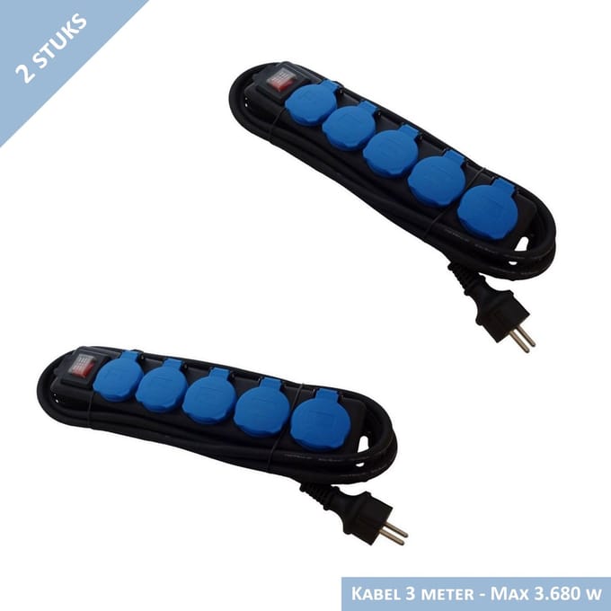 SHI stekkerdoos 5 voudig met schakelaar - 3 mtr rubber kabel - Randaarde - Spatwaterdicht - 2 stuks