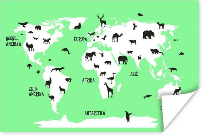 Wereldkaart Kinderen - Dieren - Mintgroen - 30x20 cm - Poster
