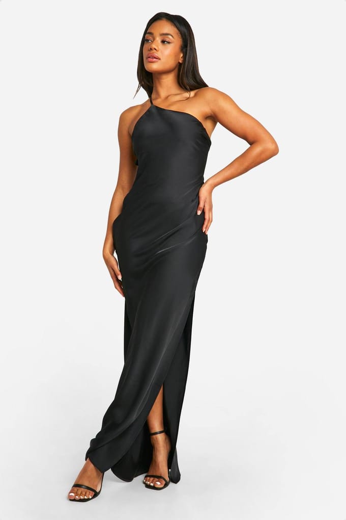 boohoo Dames Satijnen Asymmetrische Riem Maxi Jurk | Black | Maat: 16