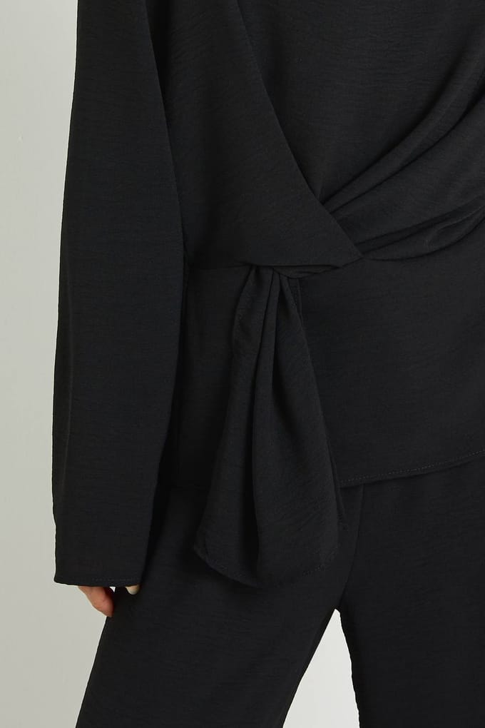 boohoo Dames Lang Geweven Draperende Blouse met Lange Mouwen & Broek Set | Black | Maat: 6