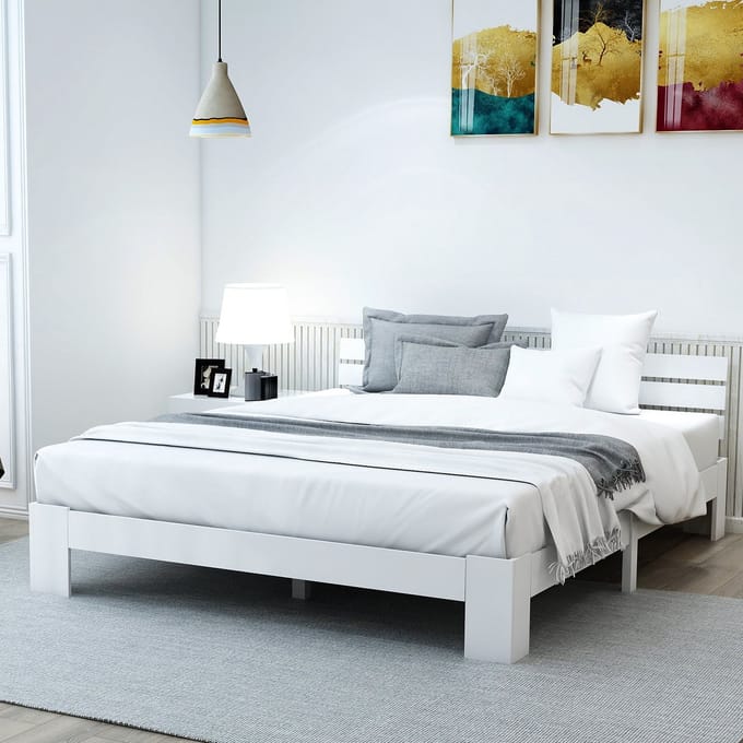 MODFU - Bedframe 140x200 cm – Wit massief grenenhout – Tijdloos design