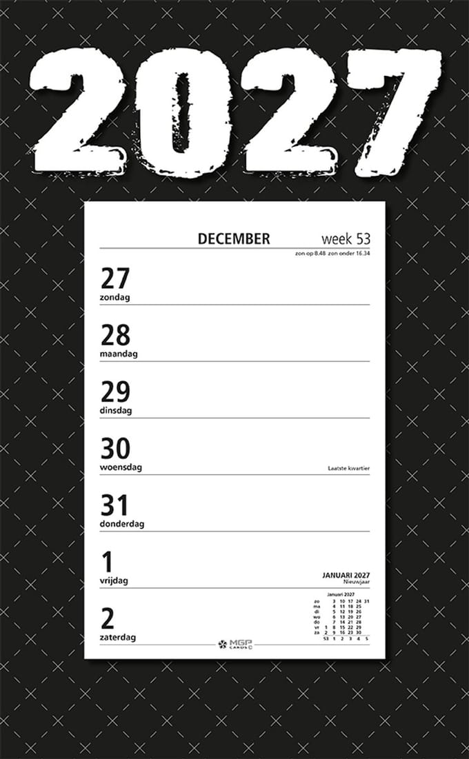 MGPcards - Week Scheurkalender 2027 - Week begint op zondag - 21 x 34 cm - Zwart