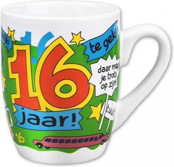 mok cartoon-stijl 16 jaar keramiek 325 ml groen/wit