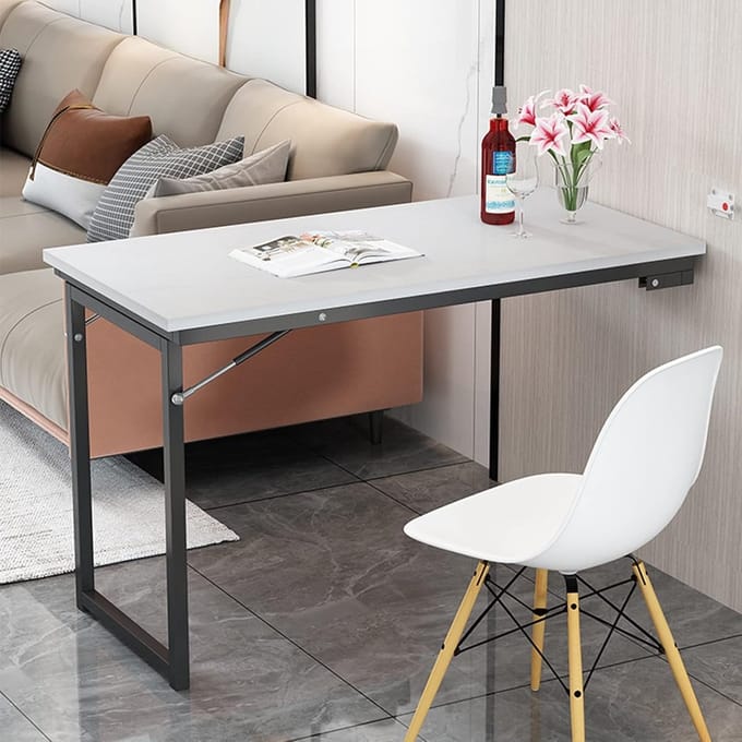 Opvouwbaar Wandbureau - Eettafel Bureau - Kleine Ruimtes - Ruimtebesparend Ontwerp - 90x60cm - Wit