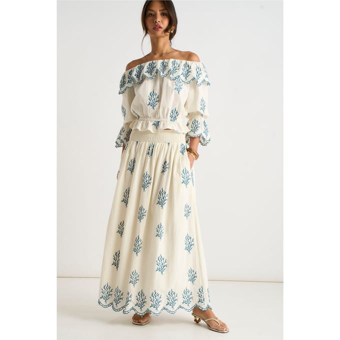 Marshmallow katoenen geborduurde skater maxi rok