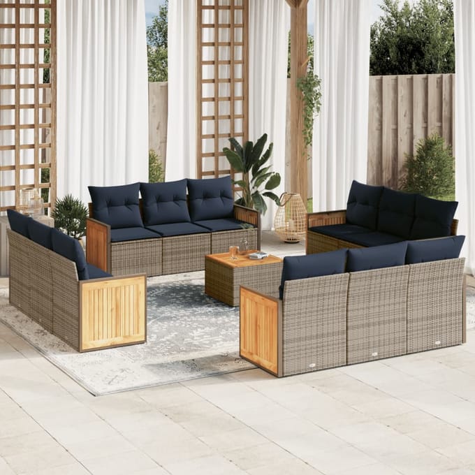 vidaXL - 13-delige - tuinbankset - met - kussens, - grijs - polyrotan