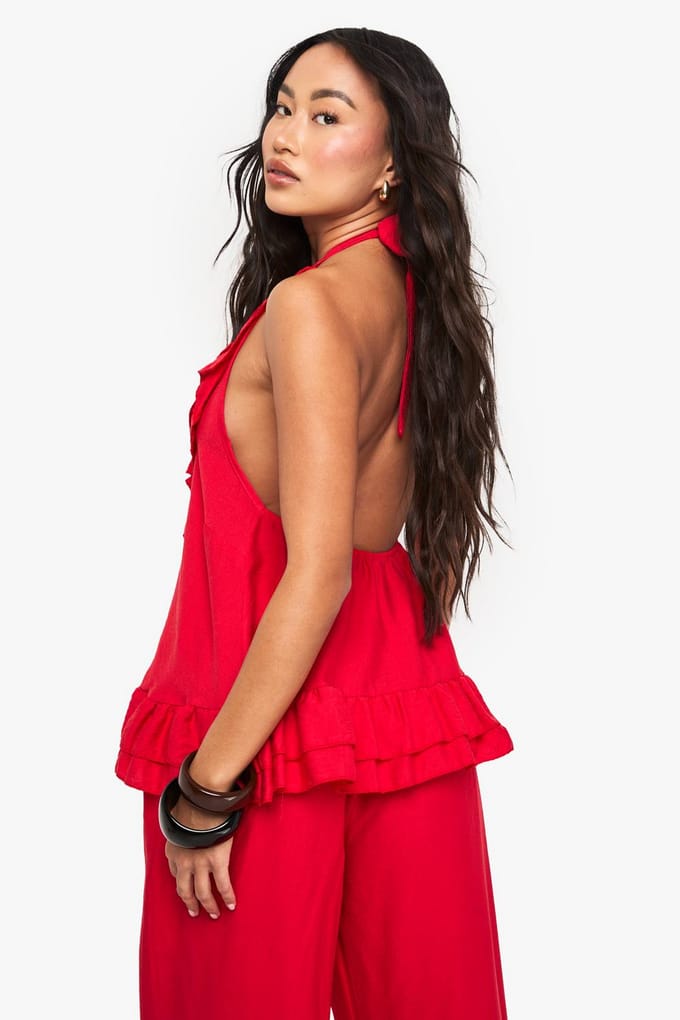 boohoo Dames Gewoven Gekreukeld Ruffle Top met Knopen | Rood | Maat: 34