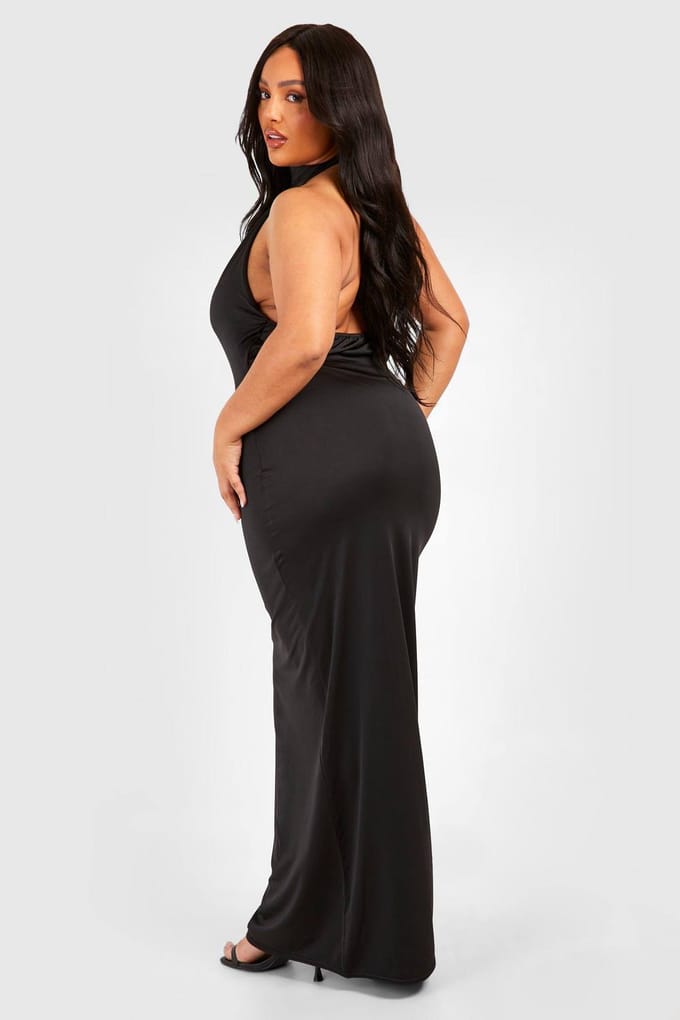 boohoo Dames Plus Drape Halterneck Slinky Maxi Jurk | Zwart | Maat: 48