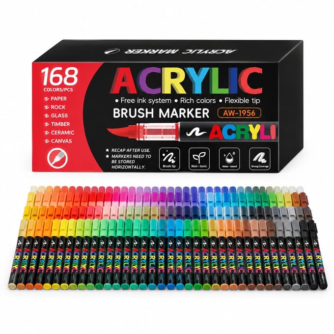 Acrylmarker op waterbasis - set van 168 kleuren - zachte punt - geschenkdoos