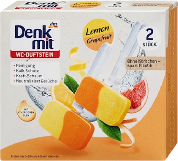 Denkmit Toiletblok Geursteen Citroen & Grapefruit | 2x 38g - Minder Plastic - Tegen Kalkaanslag