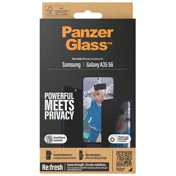 PanzerGlass Screenprotector geschikt voor Samsung Galaxy A35 Glazen | PanzerGlass Ultra-Wide Fit Screenprotector Privacy - Case Friendly