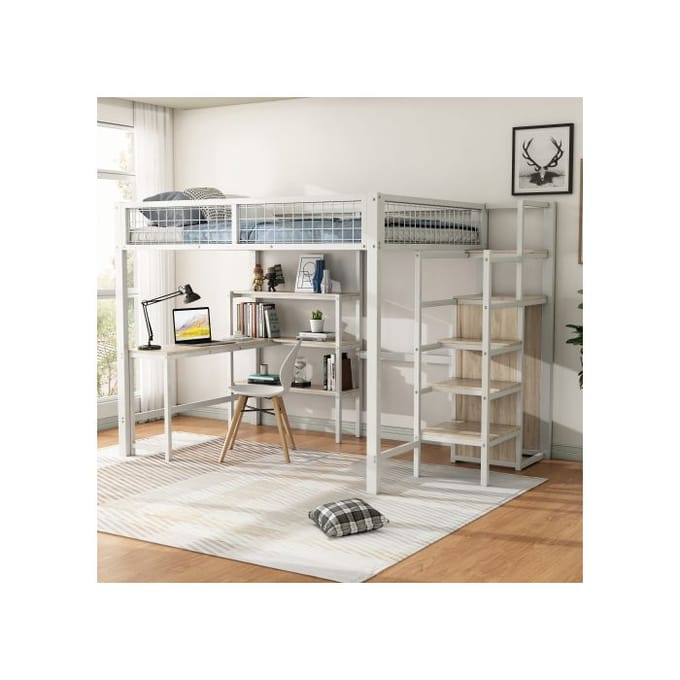 Lit mezzanine - MUVOE - 140x200 cm - Blanc - Armoire intégrée - Bureau spacieux blanc