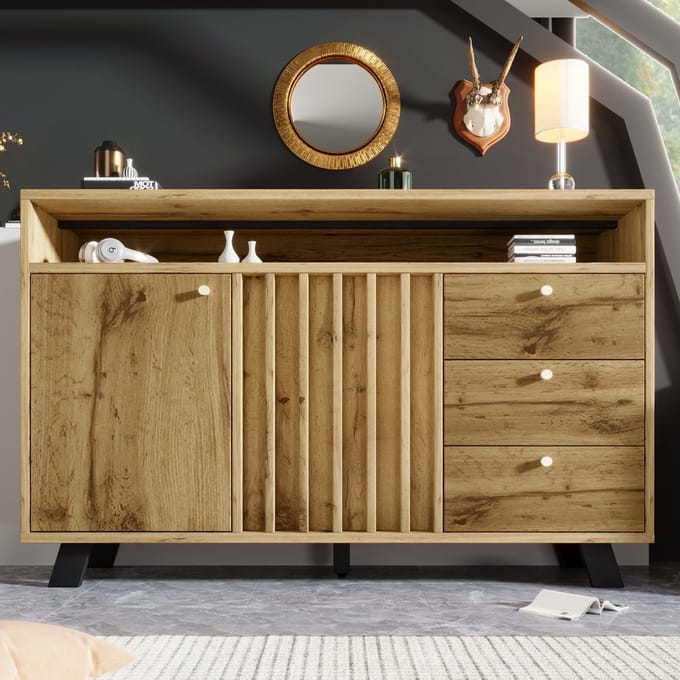 MODFU Opbergkast 120x40x85 cm van hout, met deuren en 3 laden, donker eiken