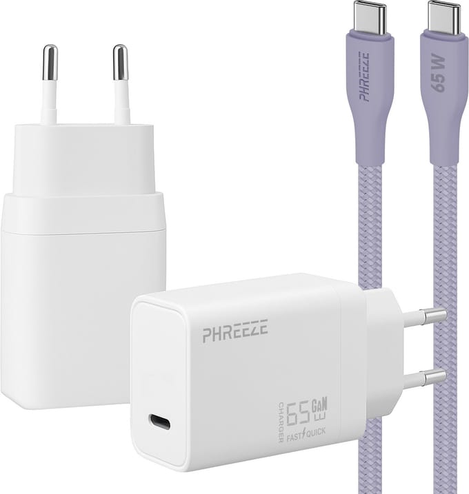 Phreeze usb C oplader 65w met usb C naar usb C kabel paars - Power adapter - PPS fast charger voor telefoon en laptop