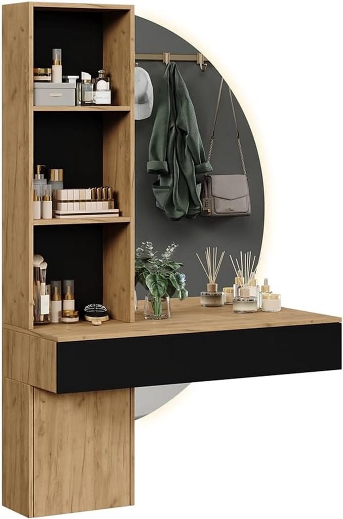 Kaptafel met spiegel - Schoonheidstafel - Make-up aanbrengen - Geïntegreerde LED verlichting - 100 x 155 cm - Eiken/zwart