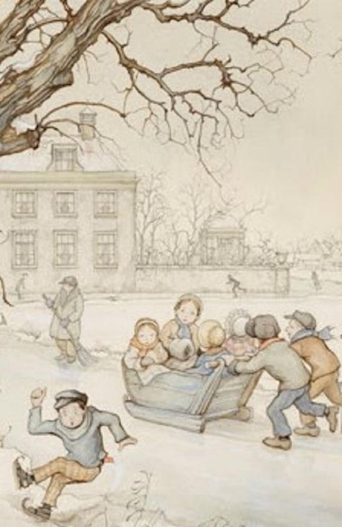 8 dubbele kerstkaarten met enveloppen 10 x 15 cm Anton Pieck - slee