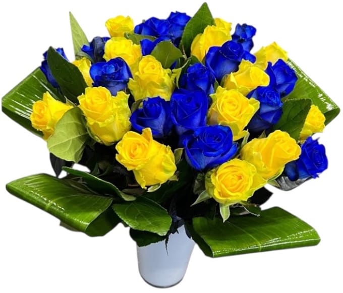 10 blauwe en 10 gele rozen boeket
