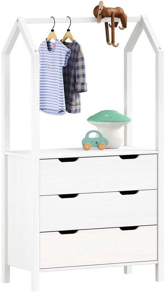 Kinderkamer-ladekast AMIRA met kledingstang – wit