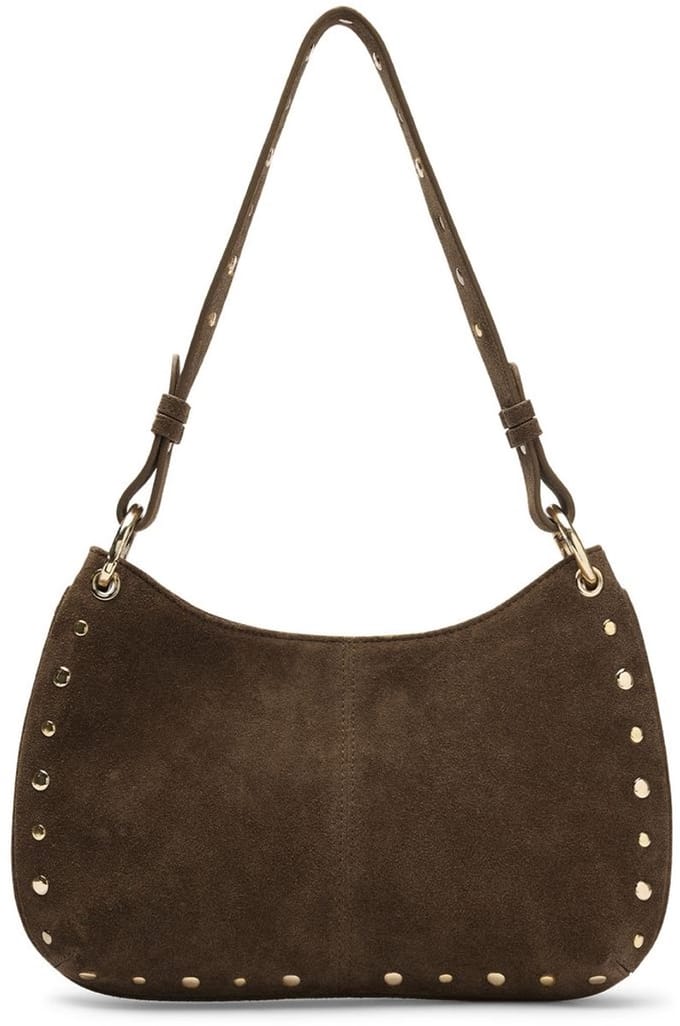 Manfield - Donker bruin suède schoudertasje met gouden studs