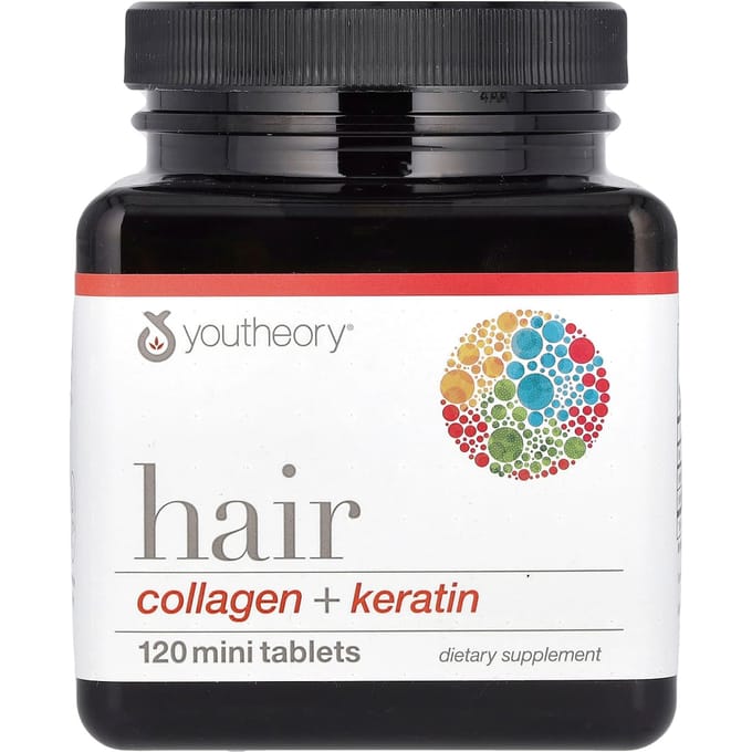 Youtheory, haar, collageen + keratine, 120 minitabletten