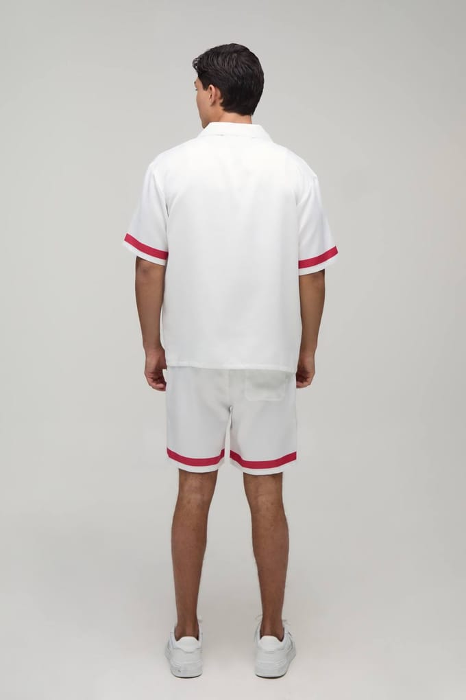 Oversized Shirt Met Korte Mouw En Short Set Met Boordprint In Satijn | Red | Size Medium