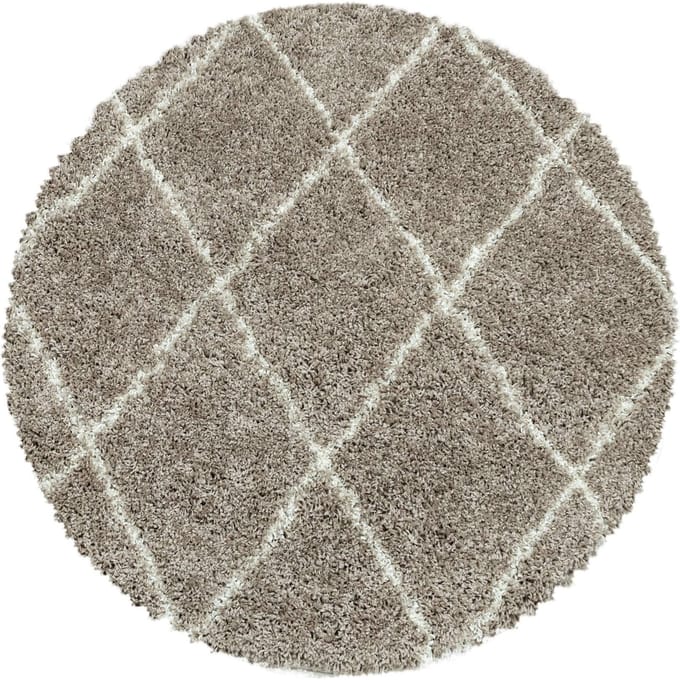 Hoogpolig vloerkleed met geometrisch patroon, beige kleur, geschikt voor de woonkamer, met jute achterkant, rond formaat: 200 cm