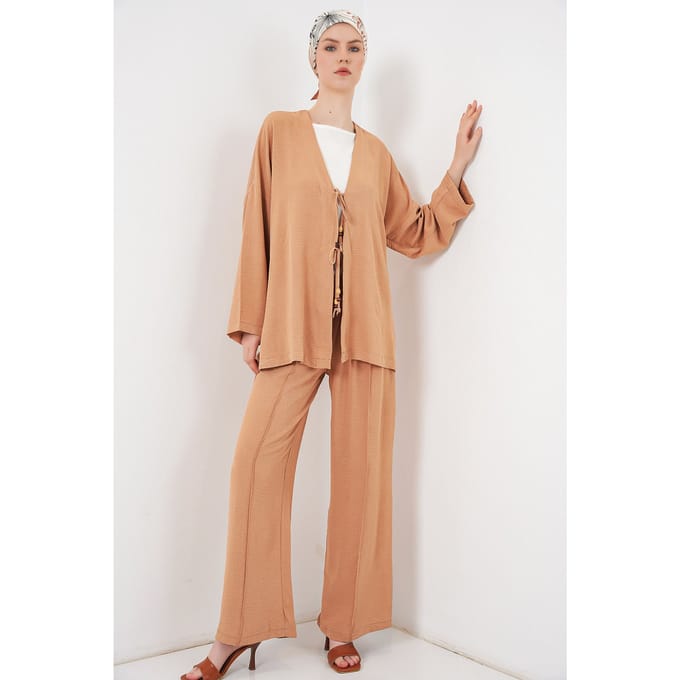 Textuur V-Hals Lange Cardigan en Broek Set
