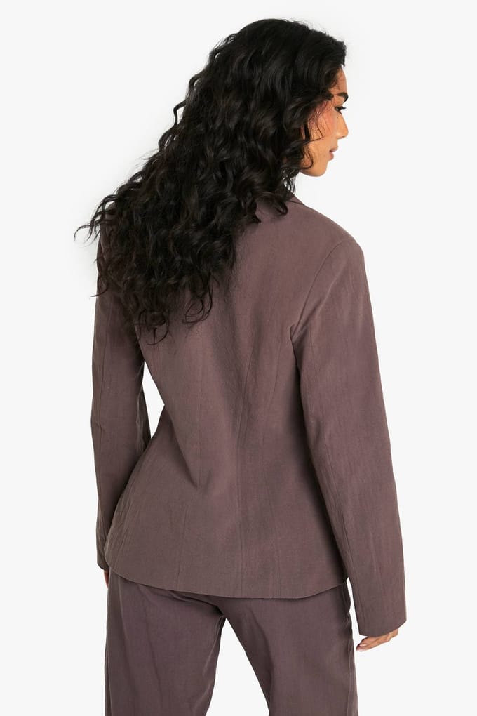 boohoo Dames Linnen Getailleerde Wikkelblazer | Chocoladebruin | Maat: 34